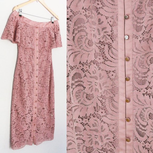 Keepsake The Label Blush Star Crossed Off Shoulder Lace Midi Dress S Mauve Pink - Picture 8 of 15
